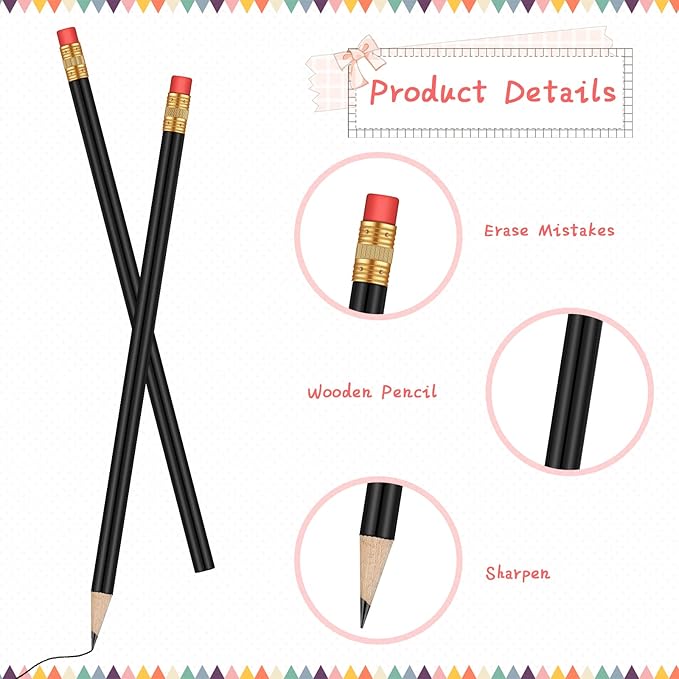 Outus 24 Pieces Round Pencils HB Graphite Pencils Wood Pencils with Eraser Cute Pencil Pack for School Drawing Sketching Wedding Office Supplies(Black)