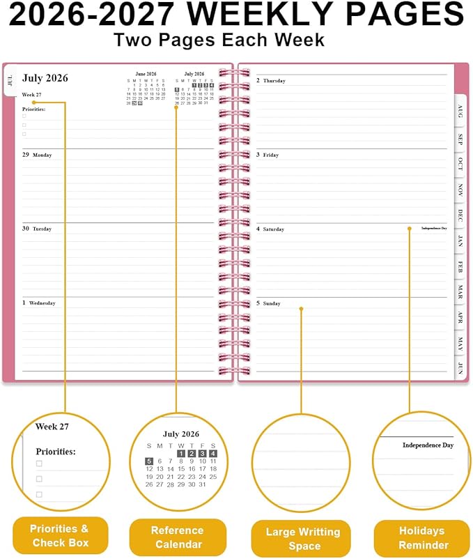Academic Planner 2026-2027 - Weekly & Monthly Planner from July 2026 to June 2027, Agenda 2026 2027 with Inner Pocket, Elastic Band, 6.4" x 8.5", Pink