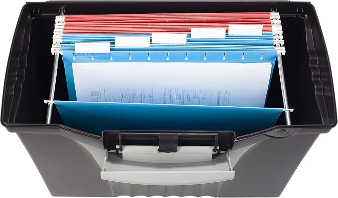 Storex Legal File Box with Organizer Lid – Plastic Office File Storage Box for Letter and Legal Hanging Folders, Obsidian, 1-Count (61510A01C)