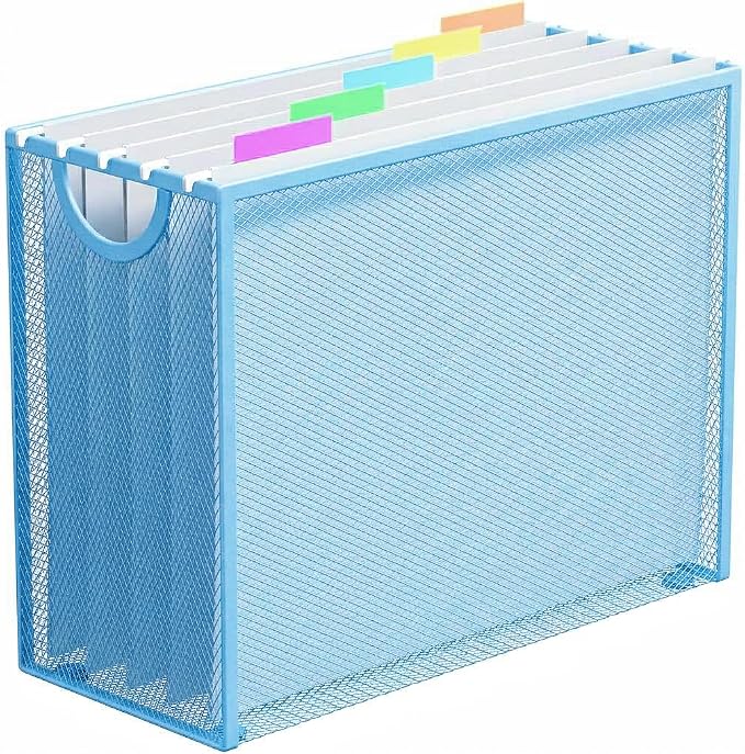 Hanging File Organizer, Letter-Size File Holder Filing Box with 5 Hanging Folders, Metal Mesh Desk File Folder Storage(No Assembly Required) (Blue, with 5 Grey Folders)
