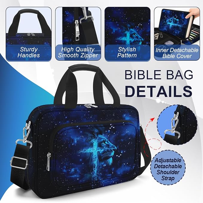 Lion Cross Large Bible Cover Case for Men Boys, Bible Bag for Men Organizer with Strap & Handle Zipper Pocket, Bible Study Supplies Journaling Kit with Pens Highlighters Tabs Christian Gift