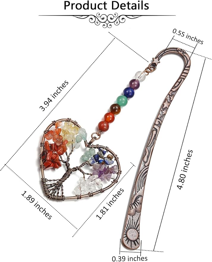 Jovivi 7 Chakra Crystal Bookmark,Antique Copper Metal Bookmark,Handmade Vintage Healing Crystals Heart Tree Life Tumbled Gemstone Pendant Bookmarks Gifts for Women Men Book Lovers