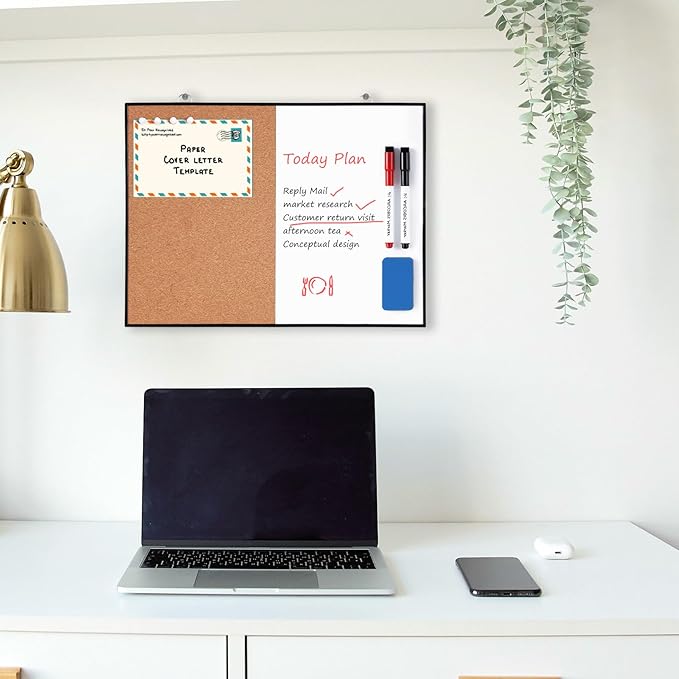 ARCOBIS Cork Board White Board Combo, 12"X16" Small Bulletin Board for Wall, Double-Sided Magnetic Dry Erase Corkboard, Vision Whiteboard for Office,Home,School, Black