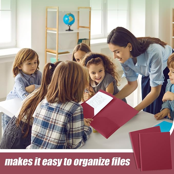 Gueevin 100 Pack Plastic Folder with Pockets, 2 Pocket Folders, Plastic Glossy Folders Fit Letter Size Paper, Heavy Duty Durable File Folder with Business Card for Home Office School (Dark Red)