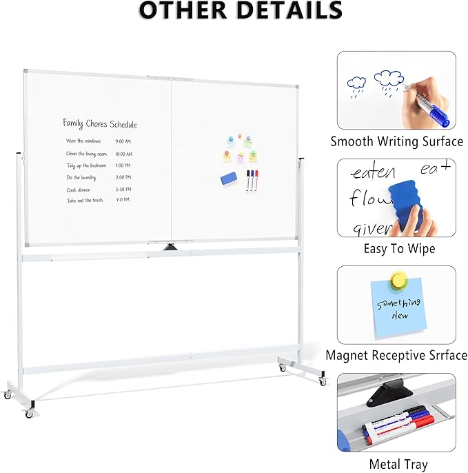 Large Rolling Whiteboard on Wheels, 72" x 40" Double-Sided Mobile White Board with Stand, Portable Standing Magnetic Dry Erase Board Easel for Home Office Classroom School, Silver