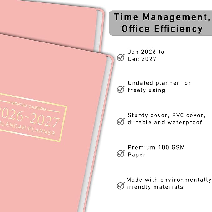 Monthly Planner Jan 2026 - Dec 2027, Monthly Planner for 24 Monthes, 9×11 Inch, Teacher Monthlys, Hard PVC Cover, Spiral Bound, Time Management Calendar, Perfect for School & Office (Pink)