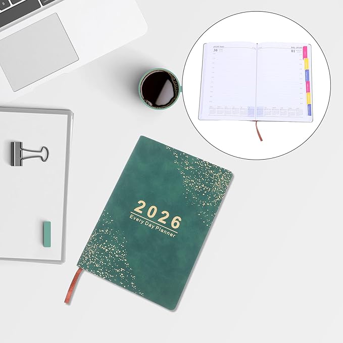 UPKOCH 2026 Daily Schedule Planner A5 Green Hardcover Appointment Book for Office and School with Weekly to Do Organizer