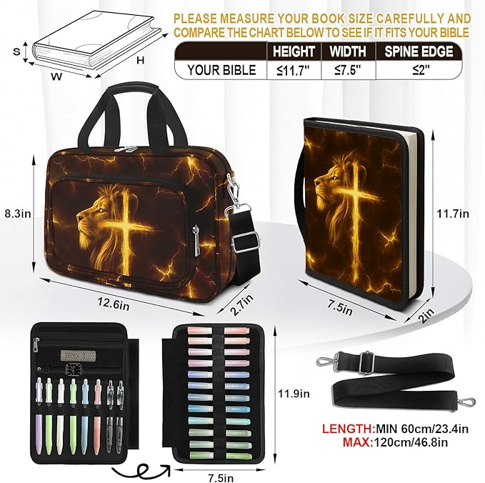 Lion Cross Bible Cover Case for Boys Kids, Large Men Bible Carrying Book Case Church Bag with Handle Zipper Pocket, Bible Study Supplies Journaling Kit, Highlighters Tabs Pens Cross Clips