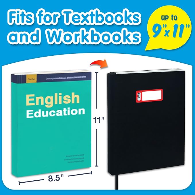 Chell Black Fabric Jumbo Book Covers 9"x11", Book Sox Up to 10"x12.5", Textbook Covers, Stretchable and Reusable Book Protector, Pack of 6
