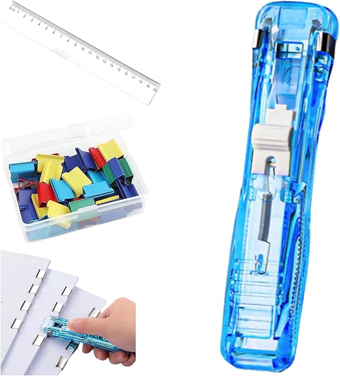 Portable Binder Clip Stapler, Includes 50 Reusable Clips, Push Clip Stapler, Small Binding Office Supplies Handheld Staplers Staples Set, Binder Clips Paper Clamps (C)