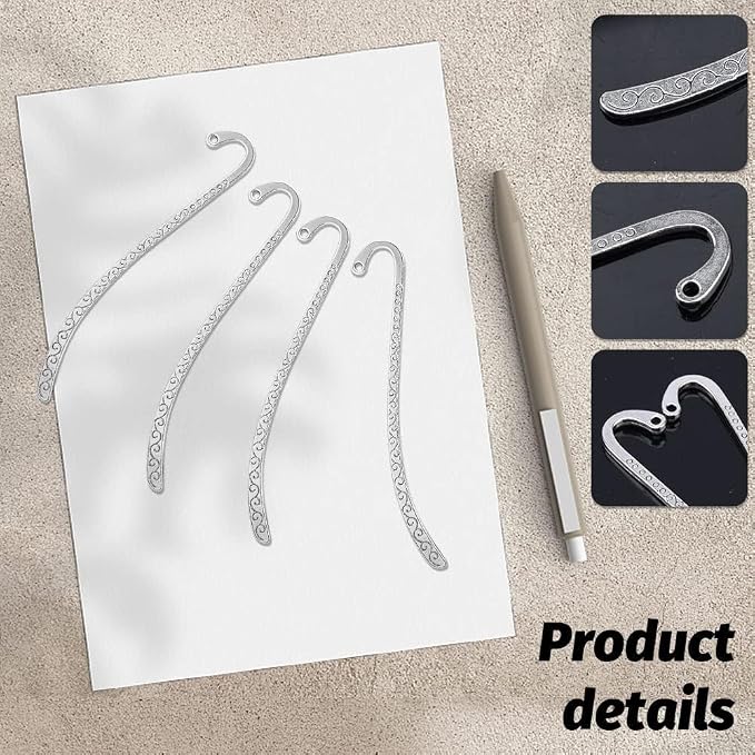 20 Pcs Metal Bookmark Hairpin Hook Antique Vintage Silver Carved Hook with Loop Metal Book Markers Embossed Bookmarks, Jewelry Making Charms