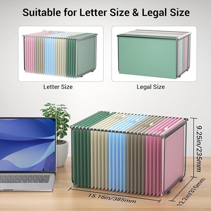 Hanging File Folder Frame Set of 2, Hanging File Organizer with Metal Mesh for Legal/Letter Size, Portable Hanging File Folder Metal Frame for Filing Cabinet Desk Drawer