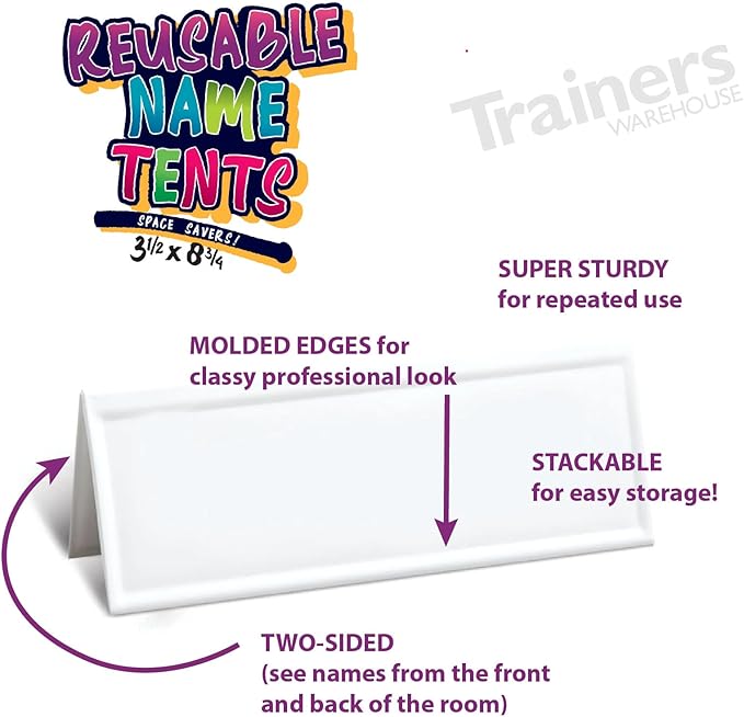 Trainers Warehouse Heavy Duty Premium Reusable Name Cards, White, Dry-Erase Tent, Space Saver, 8.75" x 3.5" (10)