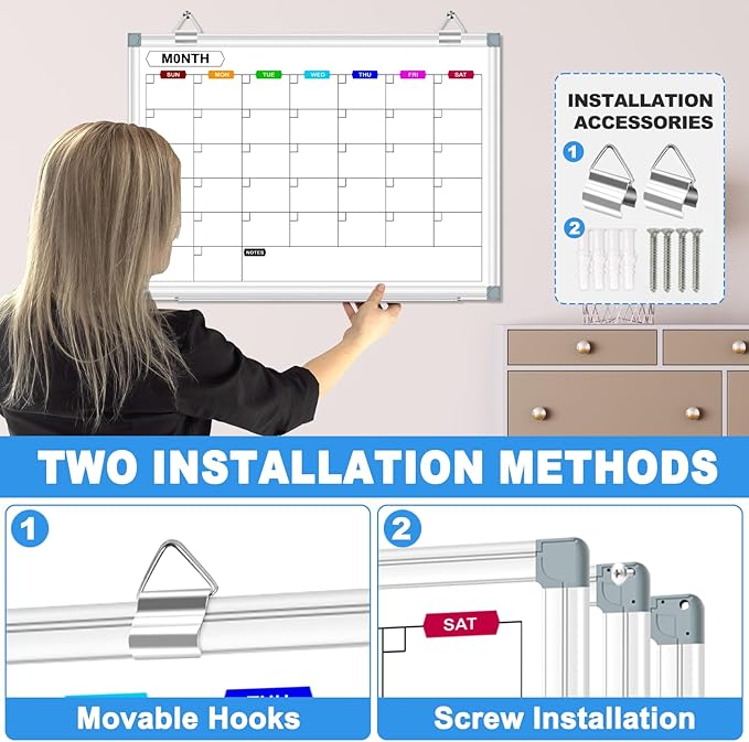Dry Erase Calendar Whiteboard for Wall, 24" x 18" Magnetic Monthly White Board Calendar with Tray, Hanging Dry Erase Board for Office, Home, School