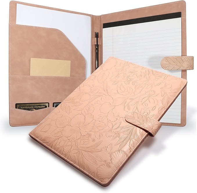 Professional Padfolio Portfolio Binder, Textured Embossing Faux Leather Folder Organizer for Letter Size Legal Pad Notepad Resume, Card Holder for Women Men Business Office Conference (Beige)