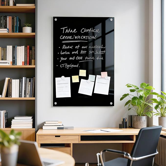Black Dry Erase Board, 48'' x 36'' Magnetic Large Black Glass Board Frameless Wall Mounted Glass Whiteboard for Office, School & Home with 1 Acrylic Marker Tray & 6 Strong Magnets