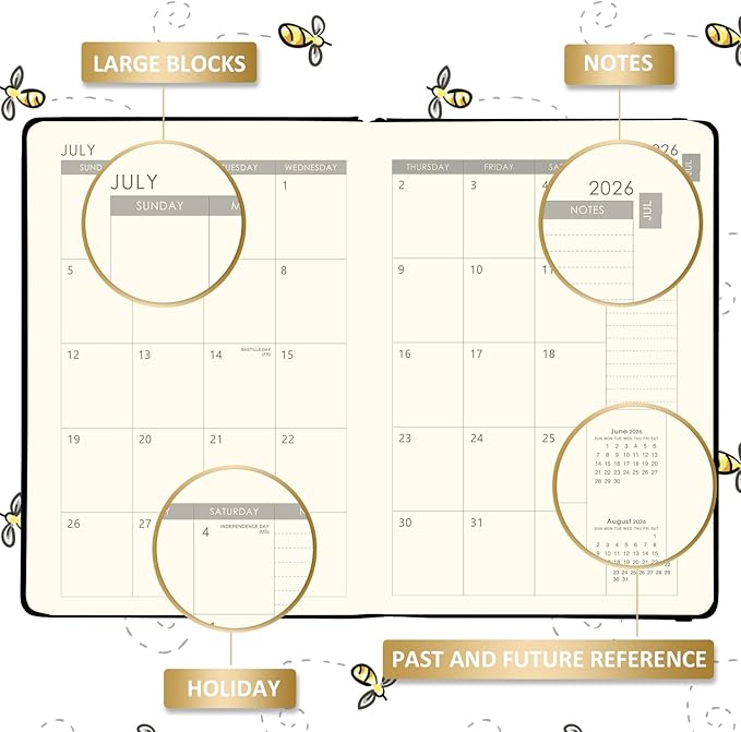 2026-2027 Planner - Planner 2026-2027 Weekly and Monthly with Calendar Stickers, JUL 2026 - JUN 2027, 5.75" x 8.25", Saffiano Leather, Pen Loop, Back Pocket - Black Bee