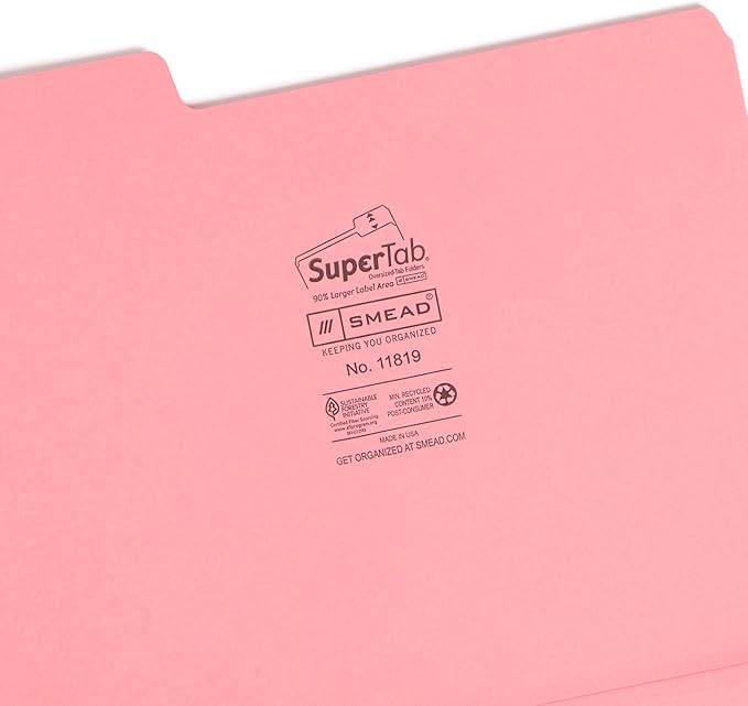Smead SuperTab File Folders, Oversized 1/3-Cut Tab, Letter Size, Dark Pink, 12 per Pack (11819)
