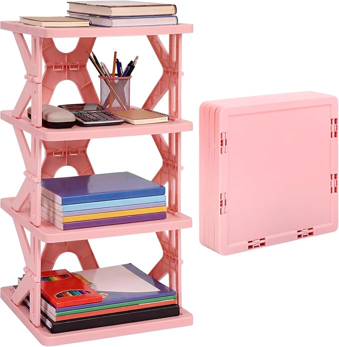 Lineshading 4 Tier Foldable Locker Organizer Shelf Foldable Storage Shelves Locker for School, Office, Gym Lockers, Dorm Room, Multi-Layer Shoe Gear Tower, Heavy-Duty No-Tool Portable Shelf(Pink)