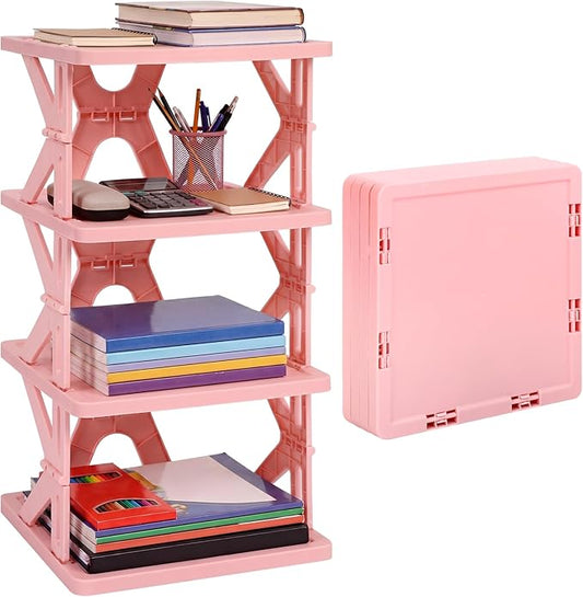 Lineshading 4 Tier Foldable Locker Organizer Shelf Foldable Storage Shelves Locker for School, Office, Gym Lockers, Dorm Room, Multi-Layer Shoe Gear Tower, Heavy-Duty No-Tool Portable Shelf(Pink)