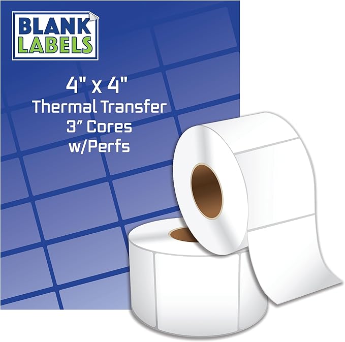 Blank Labels Thermal Transfer Shipping Labels, Matte White Printer Labels on 4" x 4" 1500 Labels Per Roll, 2 Rolls Made in the USA BPA Free