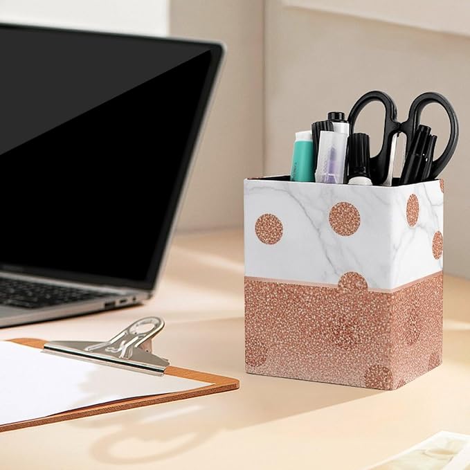 Pen Holder Square Leather Pencil, Holder Cup Makeup Brush Storage Organizer, Waterproof Multifunctional Office Supplies Modern Rose Gold Pink Glitter Dots White Marble