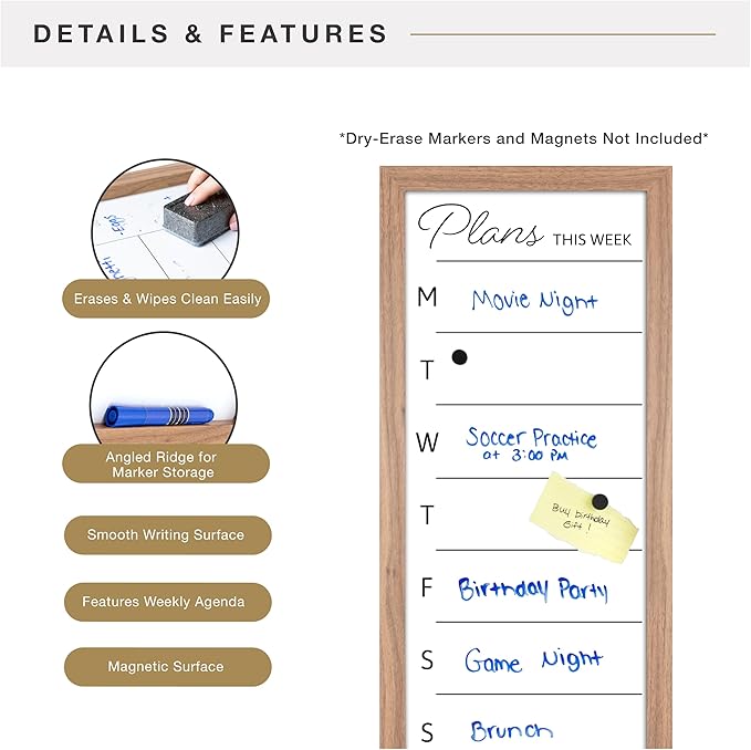MCS Dry Erase Weekly Planner 11x24 Walnut Framed Calander Whiteboard for Wall, Plan Your Week with Family Weekly Planner for Dinners, Sports, Events & More