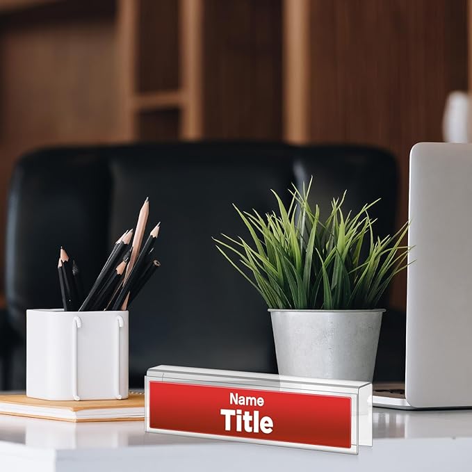 Wonderjune 10 Pack Plastic Cubicle Name Plate Holder 8.5" Wide x 2" High Glass Wall Name Plate Holder Clear Acrylic Sign Display Stand for Home Office Business (Suitable for 1" Cubicle Wall)