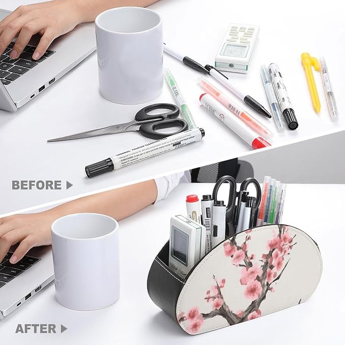 Cherry Blossom Tree Branch Remote Control Holder TV Remote Caddy with 5 Compartments PU Leather Storage Box Stylish Desk Organizer for TV/DVD/Accessories Desk Office Supplies Home