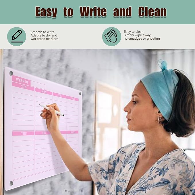 Thickened Acrylic Weekly Dry Erase Board Calendar Planner Whiteboard for Wall,16''x12''-Small,Pink Weekly Planner Whiteboard Schedule Management,6 Markers,1 Wipes,for Home Office-PGZL3040