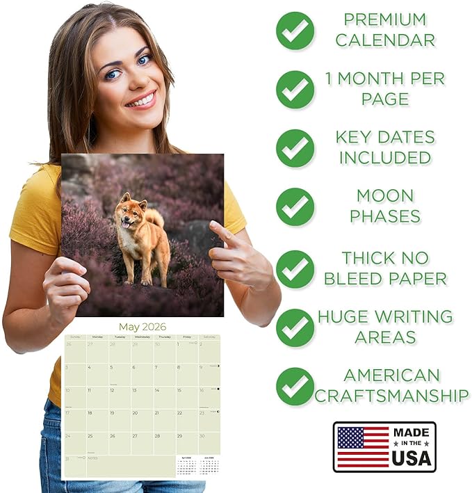 Shiba Inu Calendar 2026 by MegaCalendars – Monthly Dog Breed Wall Calendar, Made in USA