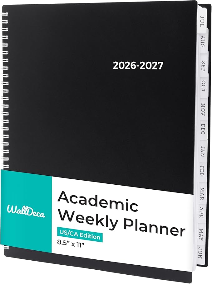 WallDeca Academic Planner 2026-2027, Daily, Weekly & Monthly Planner, July 2026 - June 2027, Student Notes Pages, Twin-Wire Binding Day and Weekly Agenda for School & Work (8.5 x 11-Inches, Black)