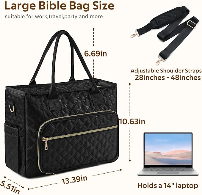 Large Bible Bag with Bible Cover for Women,Church Tote Bag with Shoulder Strap,Waterproof Bible Study Supplies,Bible Accessories for Christian Gift,Quilted Tote Bag for Men/Women,Black