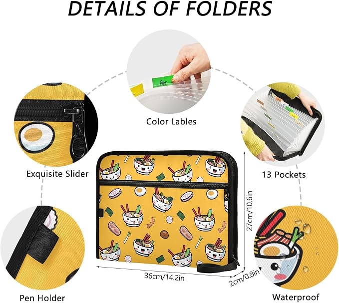 Japanese Food Pattern File Folders,Plastic Folders with 13 Pockets,Expandable File Folder for Documents School Students Office,Aesthetic Folder with Labels A4 Letter Size