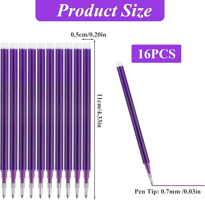 0.7 mm Erasable Gel Ink Pen Refills Compatible with Frixion Friction, Smooth Writing Multicolor Retractable Fine Point Pen Refill for School Office Home Art (Purple, 16)