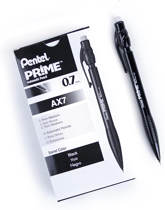 Pentel Prime Mechanical Pencil 0.7mm, Black Barrel, Box of 12 (AX7A)