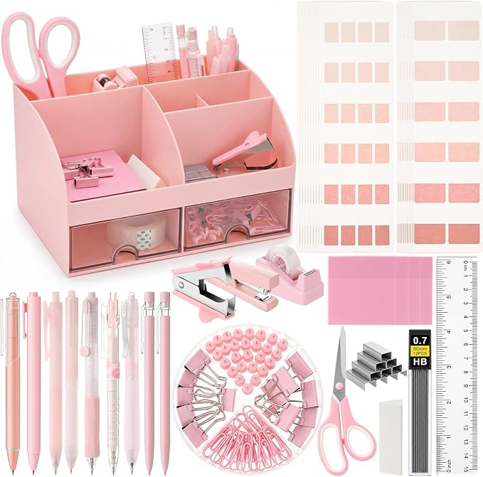 Eersida Office Desk Accessories Supplies, 26 Pcs Desk Organizer with Tape Dispenser, Stapler, Staple, Staple Remover, Scissor, Ruler, Sticky Tabs, Tape, Ballpoint Pen, Pencil, Clips for School(Pink)