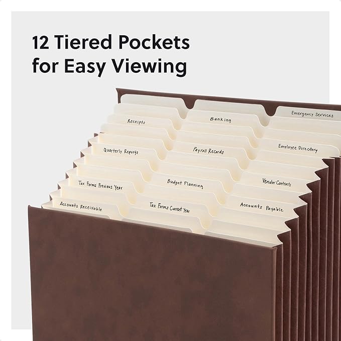 Smead Expanding 12-Pocket Stadium File, 12.75" x 13.75" x up to 11.75", Brown Vegan Leather (70228)