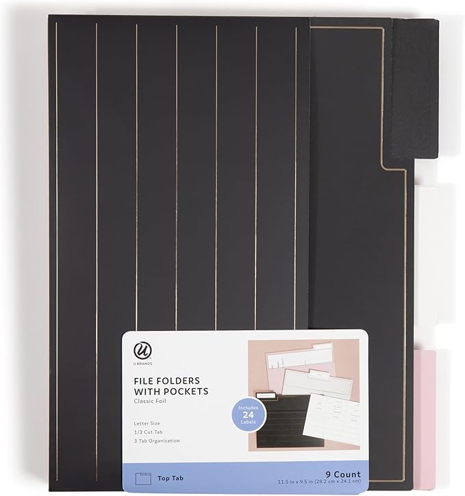 U Brands Fashion File Folders with Pockets, 9 Count, 1/3-Cut Tabs in Assorted Positions, Letter Size, Office Supplies (Classic Foil)