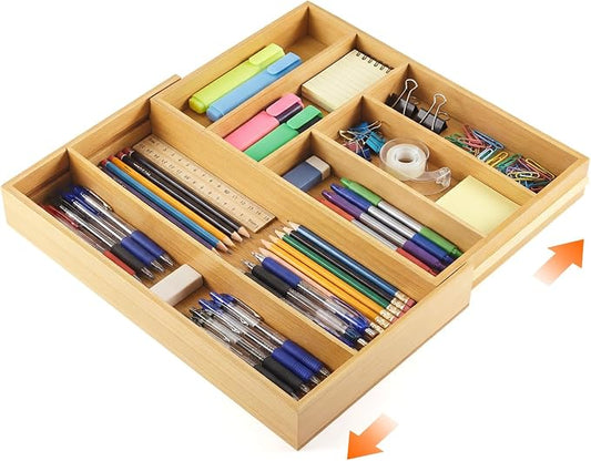 Briwooody Bamboo Sliding Desk Drawer Organizer 9.4'' up to 18'' x 15'' x 2'' Expandable Office Desk Accessories Supplies Tray with 7 Compartments for Pens, Notebooks, Rulers, and Makeup Jewelry Vanity