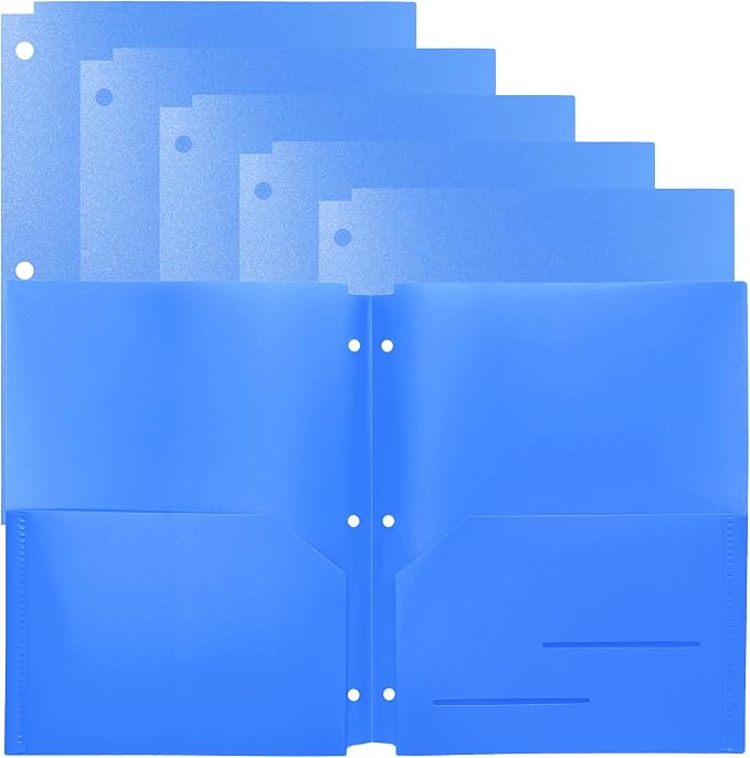 Youngever 6 Pack Heavy Duty Plastic Two Pocket Folders, Binder Dividers with Pocket, 3 Hole Punch Folder with Notches, Letter Size, Blue