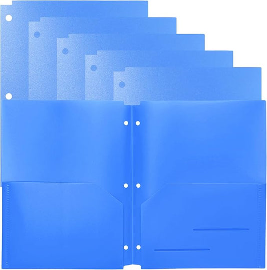 Youngever 6 Pack Heavy Duty Plastic Two Pocket Folders, Binder Dividers with Pocket, 3 Hole Punch Folder with Notches, Letter Size, Blue