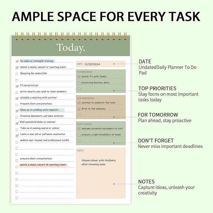 KMQOY To Do List Notepad - Daily Planner Pad Undated 52 Sheets Spiral Today Planner Note Pad Premium Thick Paper 6.5" x 9.8" For Work and Personal Organized