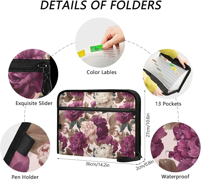 ALAZA Colorful Vintage Rose Expanding Filing Folder, 13 Pockets Expandable Document Organizer Folder with Zipper Closure for Home Office A4 Letter Size Paper Document