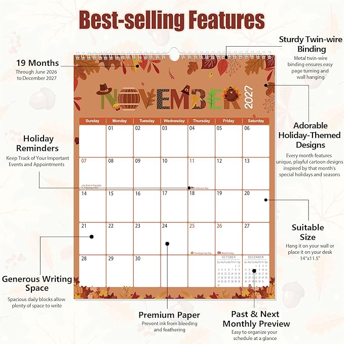 GuassLee Wall Calendar 2026-2027, Vertical Wall Calendar 2026, Jun. 2026 to Dec. 2027, 14" X 11" 19-Month Paper Hanging Planner Wall with Thick Paper for Office Home Planning & Organizing