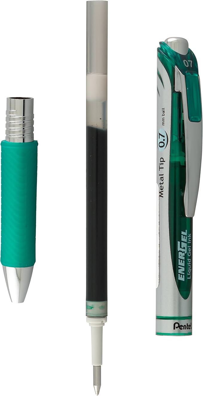 Pentel EnerGel RTX Retractable Liquid Gel Pen, (0.7mm), Medium Line, Metal Tip, Green Ink, Pack of 2 (BL77BP2D)