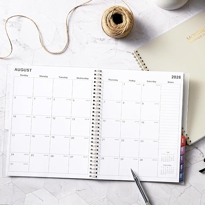 2026 Monthly Planner - Monthly Calendar 2026, 8'' x 10'', Transparent PP Cover, Colorful 12 Months Tabs, JAN 2026-DEC 2026, 2026 Calendar Planner with 2-Sides Pockets - Off white