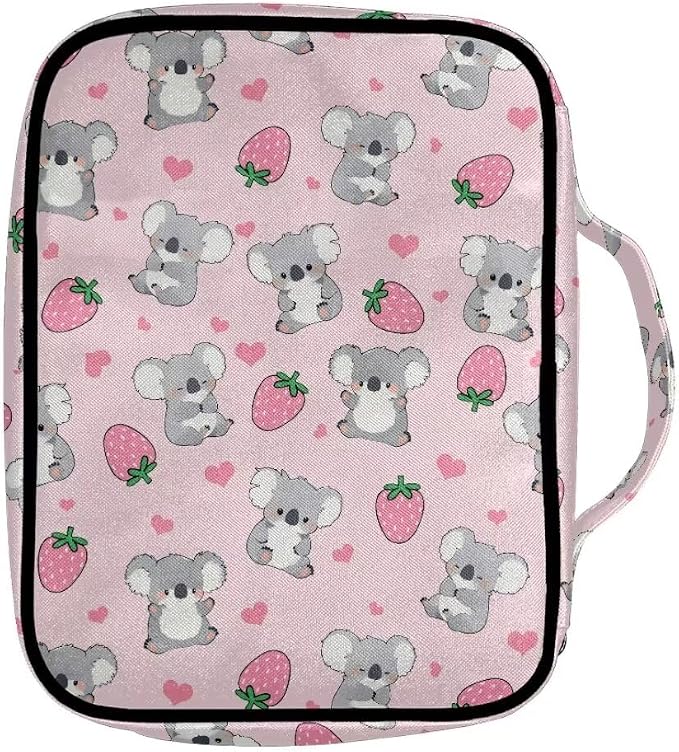 Coldinair Koala Bible Cover for Women Teens Kid Girls,Strawberry Carrying Book Case Church Bag Bible Holder with Handle and Zippered Pocket,Pink