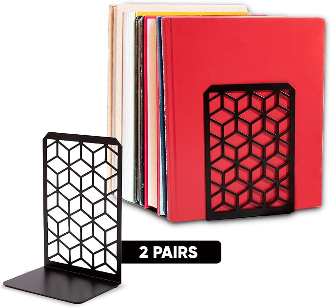 Geomod 3D Cube Black Metal Bookends Decorative for Heavy Books - Sturdy Boho Book Stops - Minimal Book Shelf Stopper - Durable Office Bookends - Weighted Metal Book Holders - 7x4.75 Inches - 2 Pair