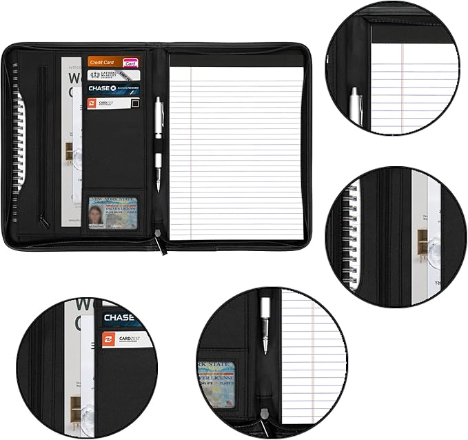 Zippered Portfolio Organizer/ A4 Refillable Lined Writing Notepad Folder Case/Fabric-Covered Padfolio Binder with Interior Storage Pocket for Men Women.Classic Black